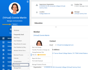 The Worker Profile showing actions to job change to add job