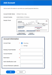 Account information fields including routing transit number, bank name, account type and account number