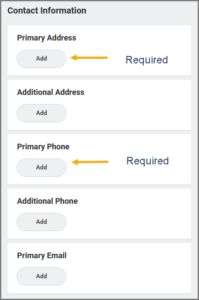 Contact information section for the new beneficiary including primary address and primary phone highlighted as required fields