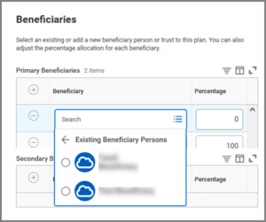 beneficiaries screen showing list of existing beneficiary persons