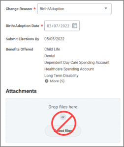 Change Benefit section displaying Change Reason marked as mandatory. Date field marked as mandatory, Submit Elections By and Benefits Offered are auto populated. Attachment area is marked as blocked