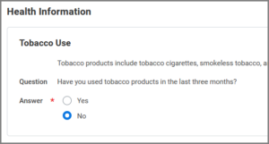 Health information screen showing tobacco use option