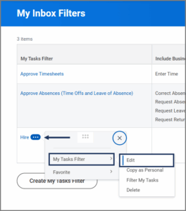 the related action menu displays Inbox filter and favorite and also its sub menu with edit, copy as personal, filter my Inbox, and delete. Inbox filter and edit on its related action menu are highlighted