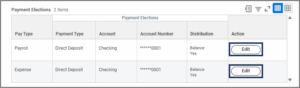 The Payment Elections Table with the edit button emphasized for both the payroll and expense rows