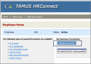 HRConnect screen with upload documents button emphasized