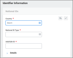 identifier information section displaying country, national ID type, and add/edit fields