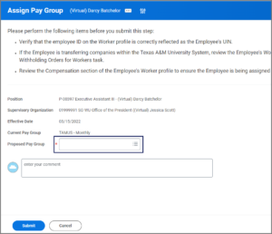 Assign Pay group section with proposed pay group field highlighted for emphasis