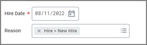 Hire date field displayed as required and reason field populated with Hire > New HIre as option.