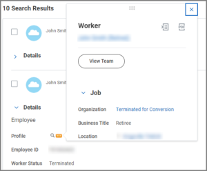 Related action button selected next to profile for the individual and displaying additional information about the worker such as the location.