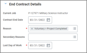 End contract details including contract end date, reason for ending the contract and last day of work needing options selected.