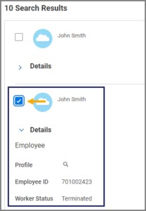 Details section highlighted with additional emphasis on the checkbox next to an employee's name.