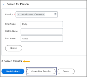 Search prehires section with Create New Prehire button selected and 0 search results highlighted for emphasis.