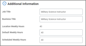 Additional information section including job title, business title, default and scheduled weekly hours displayed.