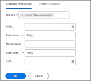 The Legal Information tab displays with entries made in the Country, First Name, and Last Name fields.