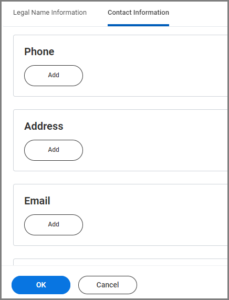 The contact Information tab displays the phone, address, and Email sections where you can add information about a new pre-hire. 