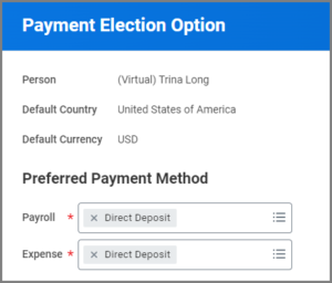 The preferred Payment Method section displaying the Expense and Payroll fields. 