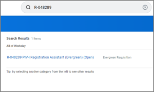 The search bar and search results screen displaying results for a specific requisition