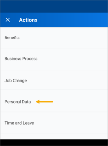 The related Actions menu with the Personal Data option selected.
