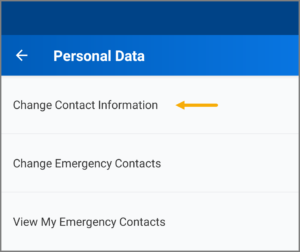 The personal Data menu with the Change Contact Information options highlighted.