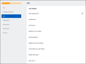 Job section of the Guided tour with the available fields in this section shown such as Job Posting Title, Job Profile, Worker Sub Type and Time Type which are also marked as required. Other fields displayed as well.