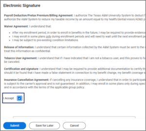 Electronic signature section of the review benefits election page.