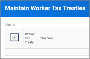 The Maintain Worker Tax Treaties screen with the Add Row icon highlighted.
