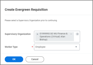Create Evergreen Requisition section displays Supervisory Organization field set as Training - Academic for Sofia Employee and Worker Type marked as required.