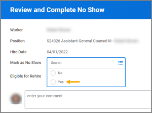 Review and complete no show task for HR Partner that shows the drop down options for the field Mark as No Show