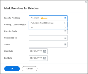 The Mark Pre-Hires for Delection page with the Specific Prehire field highlighted.