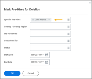 The Mark Pre-Hires for Deletion page with the pre-hire selected.