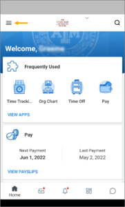 the Workday app home page with the menu icon highlighted