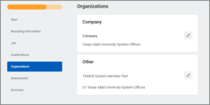 Organizations section of the job requisition with TAMU Texas A&M University selected as the company.