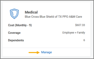 select medical coverage with manage link highlighted