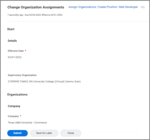 Change Organization Assignments Assign Organizations page listing Effectve Date as Mandatory, Worker, position and supervisory organization