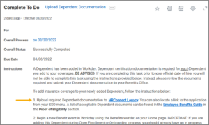 To Do upload documentation screen with HRConnect link emphasized