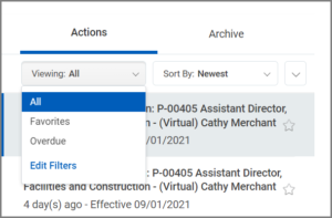 Inbox Actions displayed with options for the Viewing menu displayed including all, favorites, overdue, and edit filters