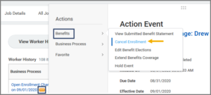 Open Enrollment Change related actions displaying Benefits and Cancel Enrollment selections