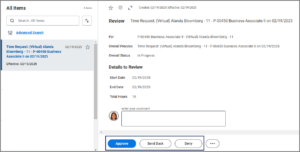 The Time Request Inbox Item showing the employee's options to approve, send back or deny the overtime request