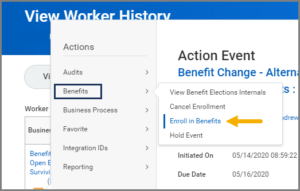 Open Enrollment Change task related actions menu with benefits link and enroll in benefits links highlighted