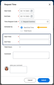 The Request Overtime window with the Start End Time radio button selected. The start time and end time fields are emphasized.