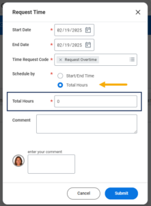 The Request Overtime window with the total hours radio button selected. The total hours field is emphasized.