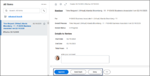 Review Time Request inbox item with the approve, send back, and deny buttons highlighted