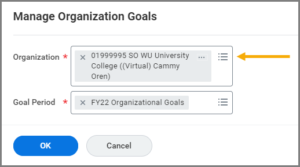 The manage organization goals window with an example organization entered along with the goal period