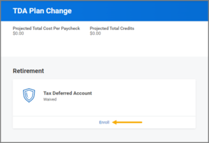 TDA plan change page with Enroll highlighted