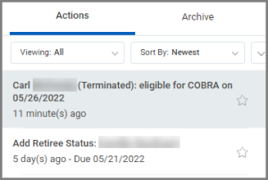 The inbox displayed with the cobra eligibility task highlighted.