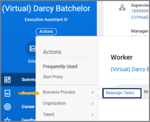 Employee profile displayed with the Actions menu expanded, the Business Process item selected, and reassign task highlighted.