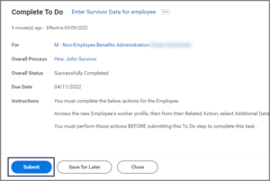 The enter survivor data for employee to do, this time emphasizing the submit button
