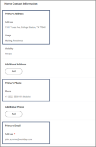 The Enter Contact Information menu emphasizing the primary address, primary phone, and primary email fields for home contact information