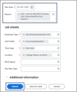 The hire date and reason fields and the job details section beneath it. The submit button is emphasized