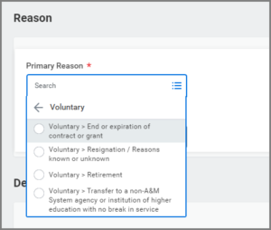 The reason section showing the voluntary options for the Primary Reason field